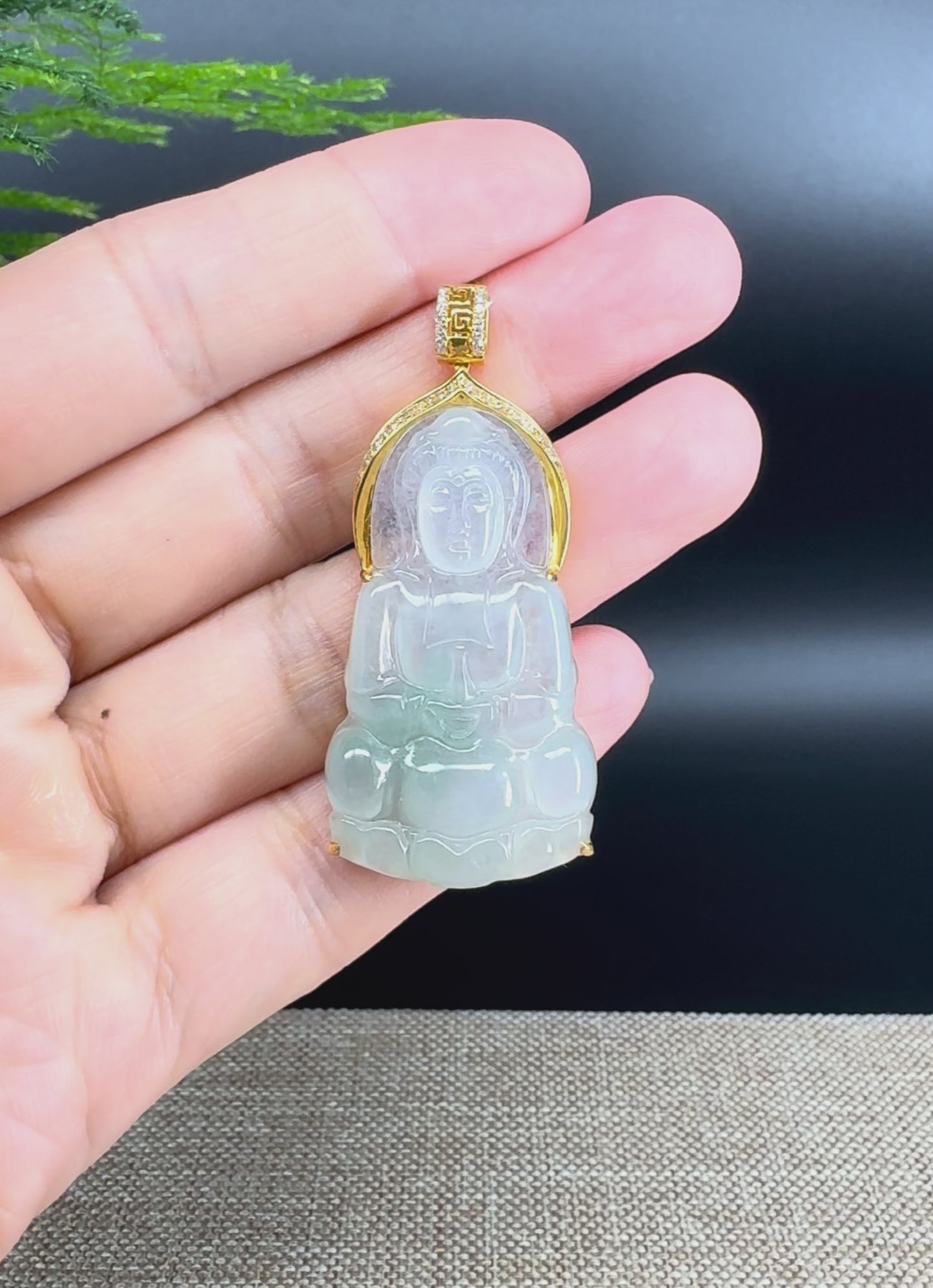 RealJade® 18K Yellow Gold Genuine Icy Green Jade Guanyin Pendant Necklace with Diamonds