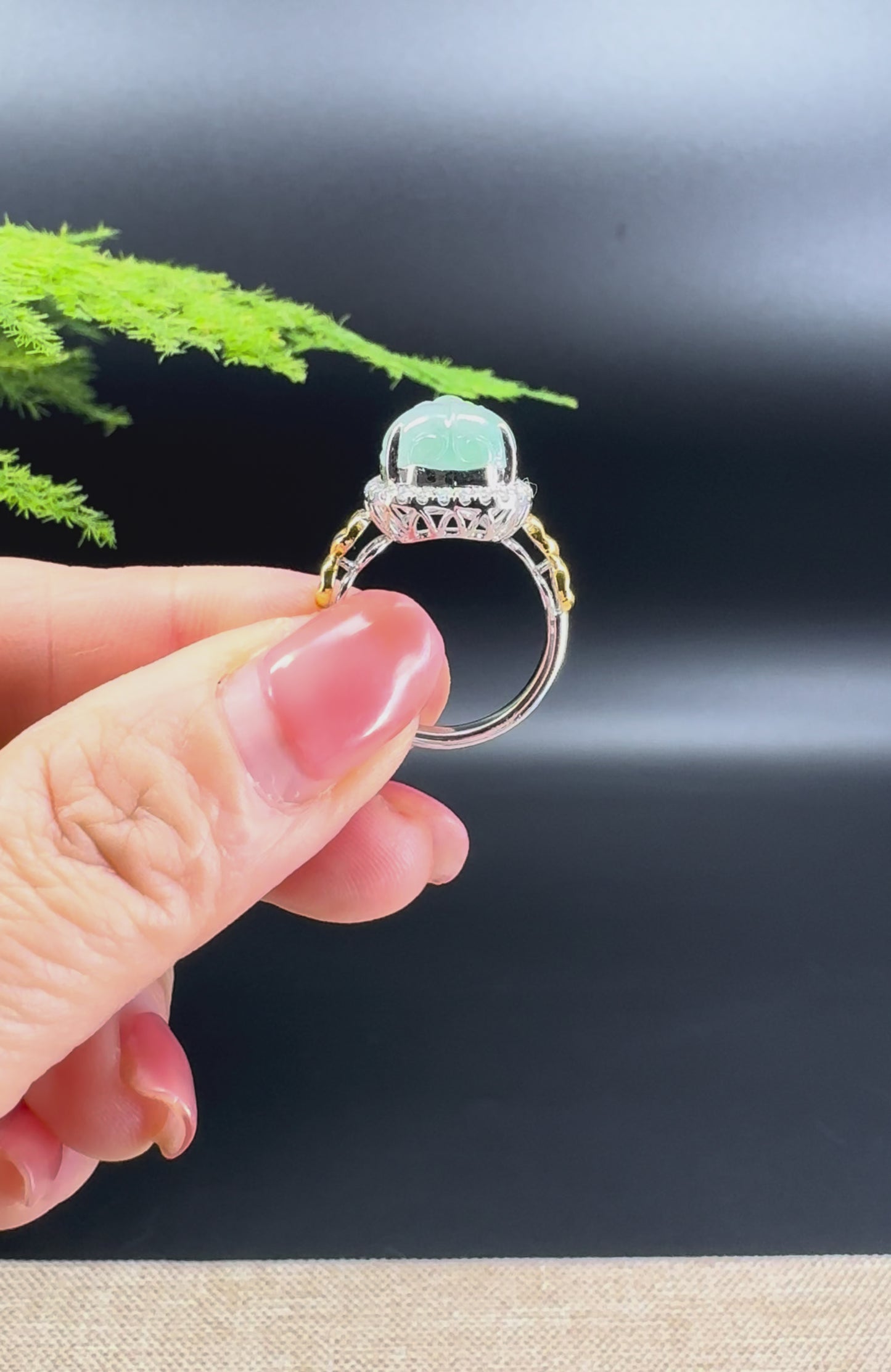 RealJade® "Signature Signet" 18K White Gold Icy Green Jadeite Jade Pi Xiu Ring