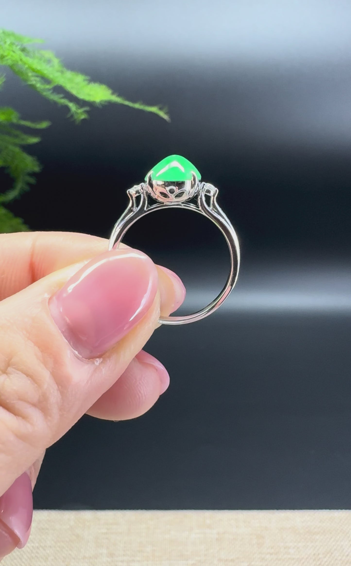 RealJade® 18K White Gold Green Jadeite Jade Diamonds Ring