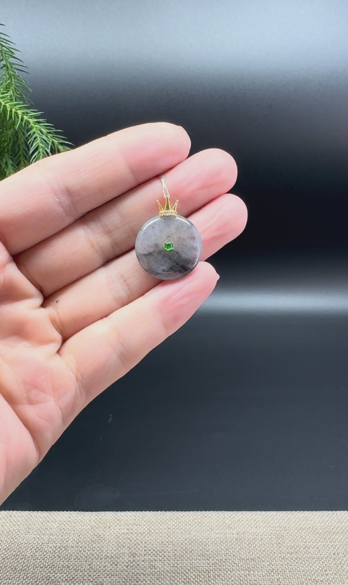 "Good Luck Button" Icy Wuji Jadeite Jade Lucky KouKou Pendant With 18K Yellow Gold Diamonds Bail