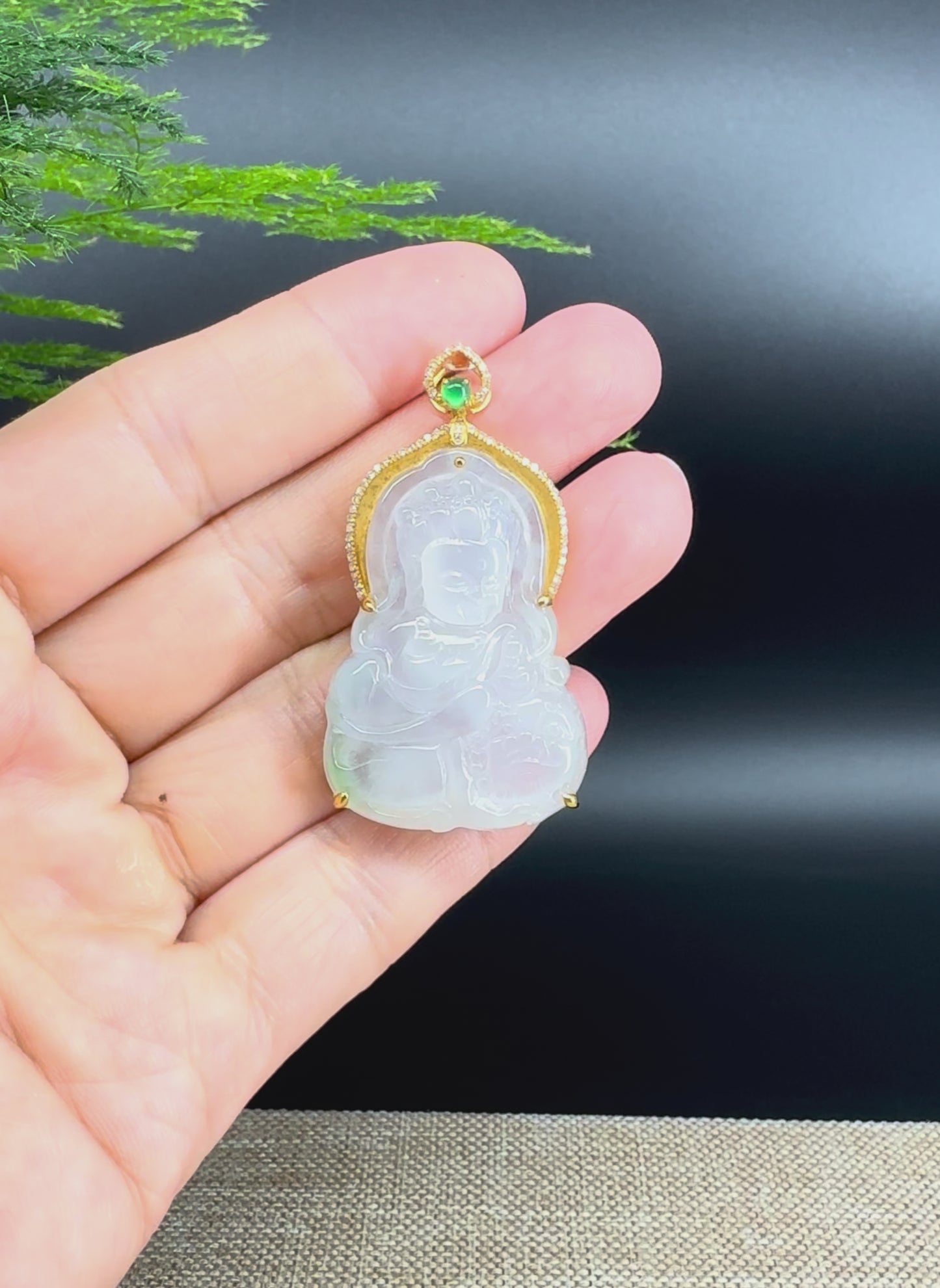 RealJade® 18K Yellow Gold Genuine Icy Green Jade GuanYin Baby Buddha Pendant Necklace With Diamonds