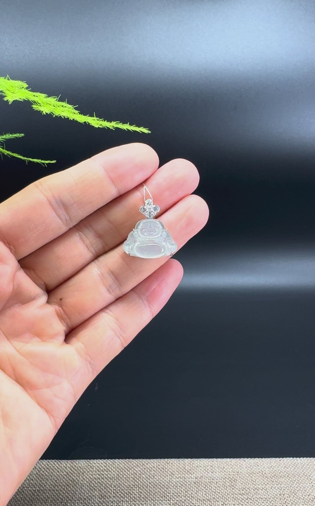 18K White Gold Burmese Icy White Jadeite Jade Happy Buddha Pendant With Diamonds
