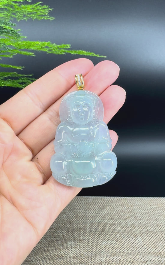 Load and play video in Gallery viewer, 18K Yellow Gold  Burnese Icy Blue Jadeite Jade Guanyin Pendant
