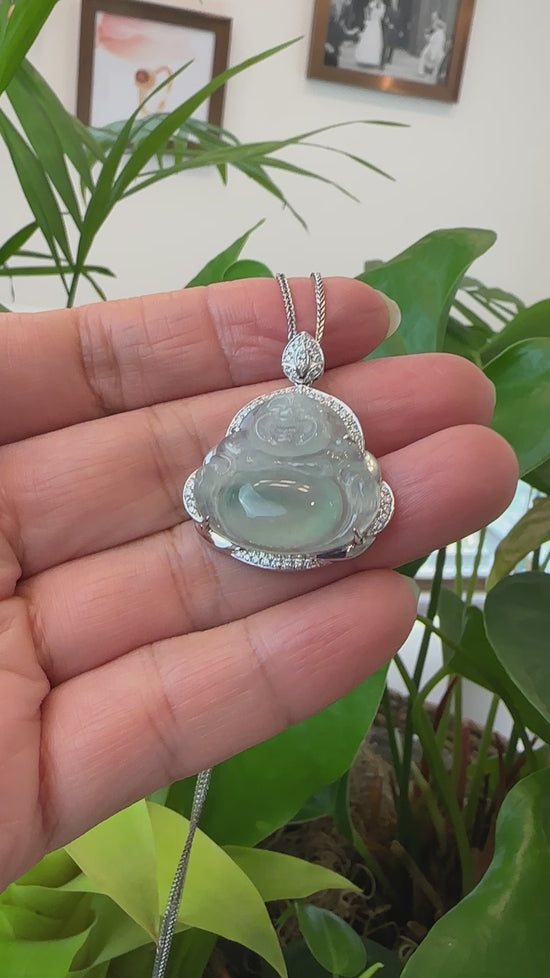 Load and play video in Gallery viewer, RealJade® Co. 14K White Gold Genuine Burmese Ice Blue-green Jadeite Jade Buddha Pendant with VS1 Diamonds
