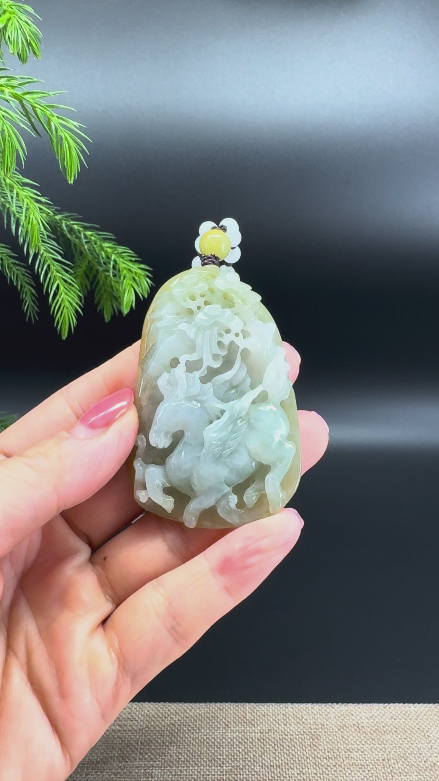 Load and play video in Gallery viewer, RealJade® Co.Natural White Yellow Jadeite Jade Horse Pendant

