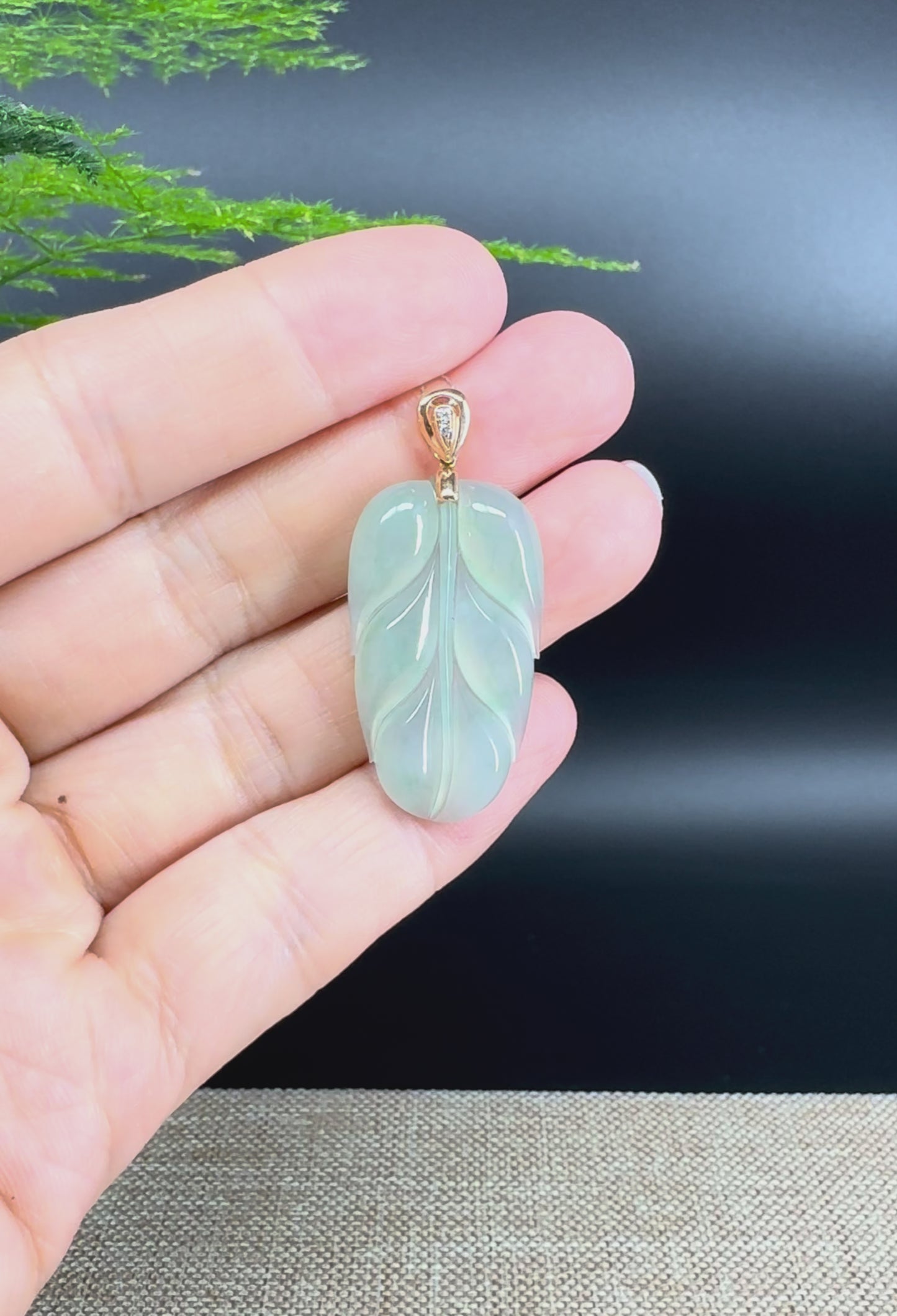 RealJade® Co. Genuine Ice Green Jadeite Jade Jin Zhi Yu Ye (Leaf) Necklace With 18K Rose Gold Bail