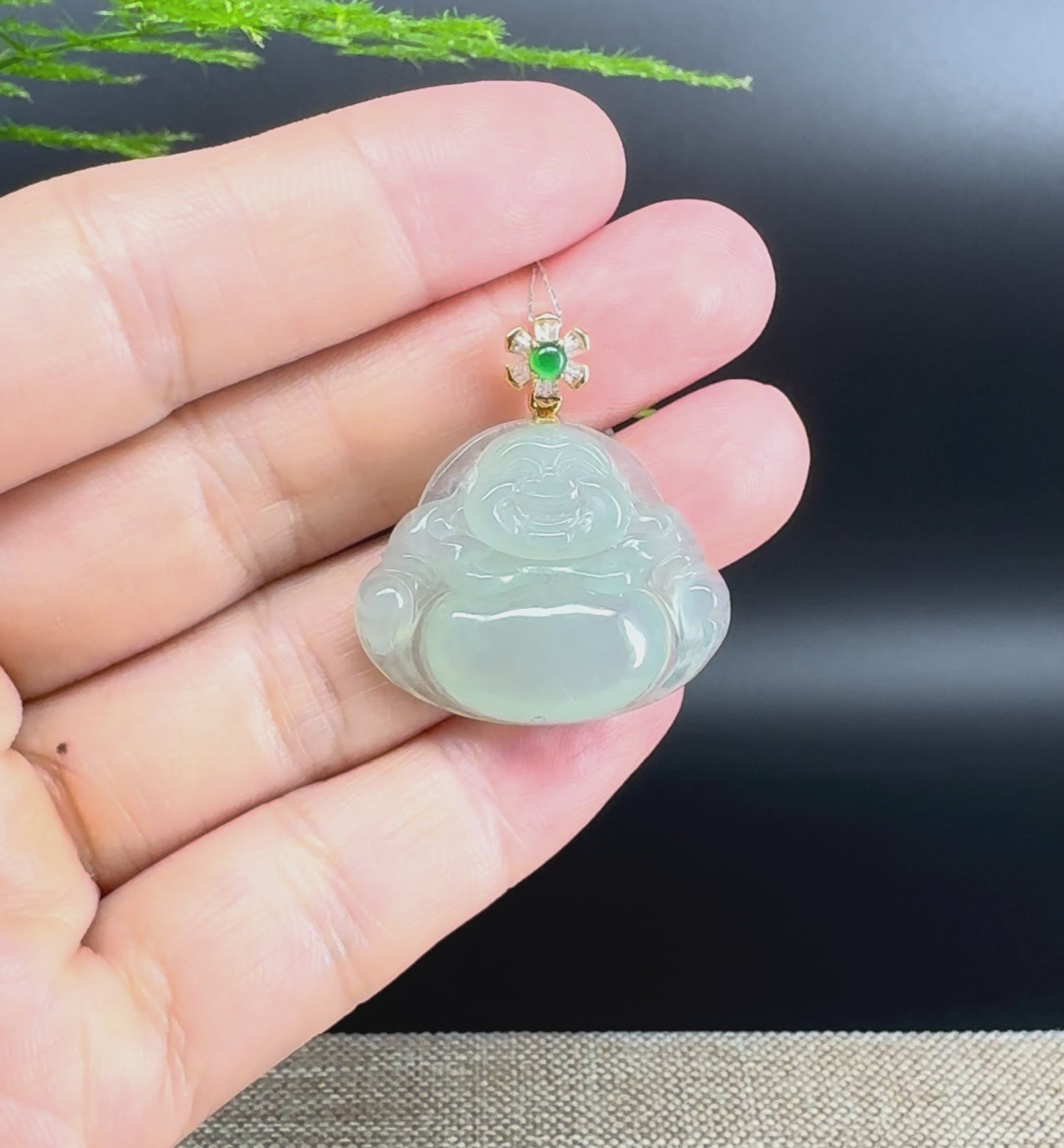 Load and play video in Gallery viewer, 18K Yellow Gold Burmese Icy Green Jadeite Jade Happy Buddha Pendant

