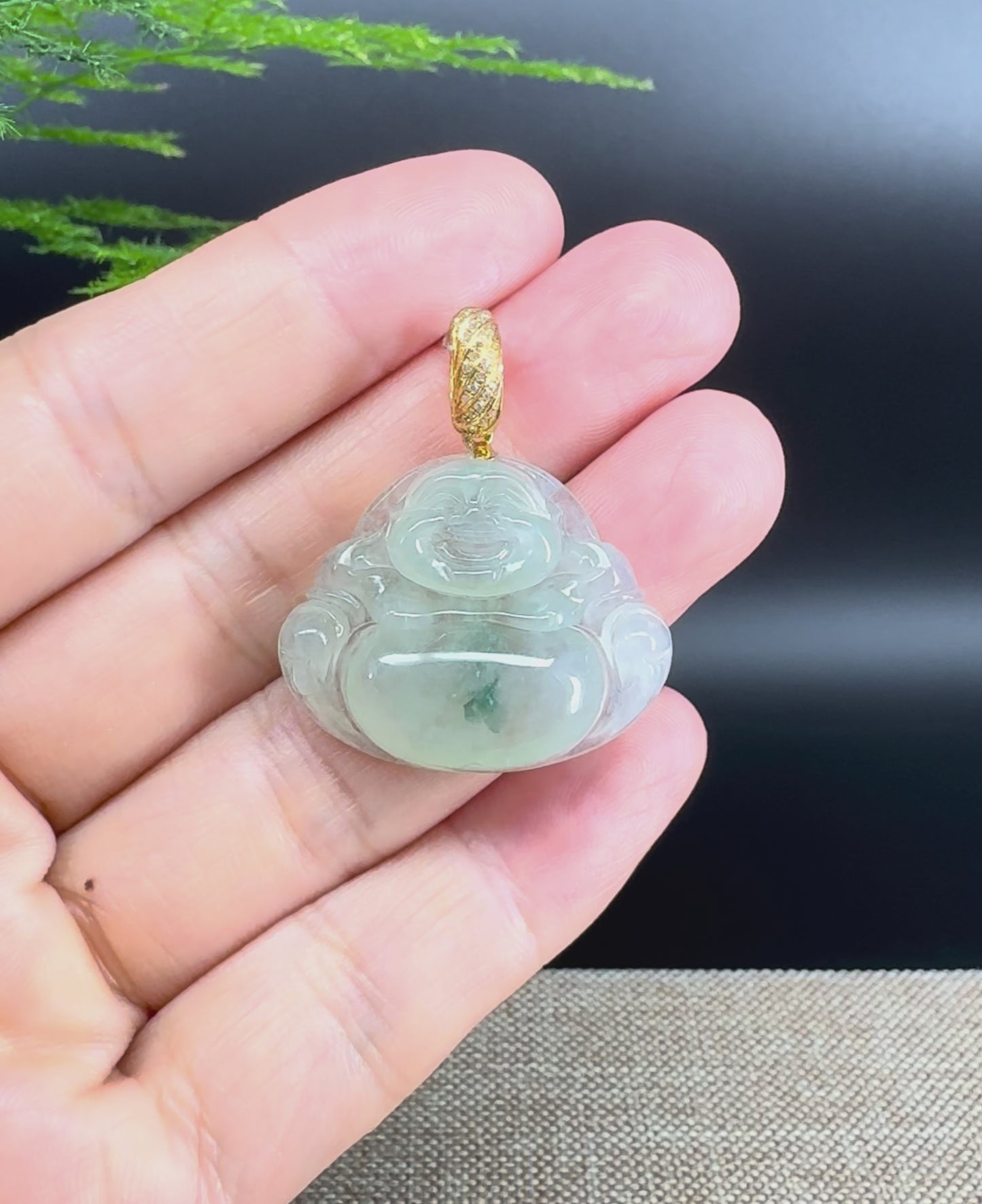 Load and play video in Gallery viewer, 18K Yellow Gold Burmese Icy Green Jadeite Jade Happy Buddha Pendant
