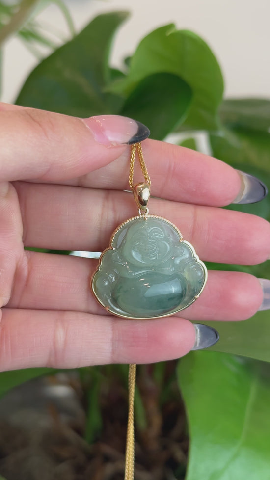Load and play video in Gallery viewer, Natural Burmese Jadeite Jade Happy Buddha With 14k Yellow Bail
