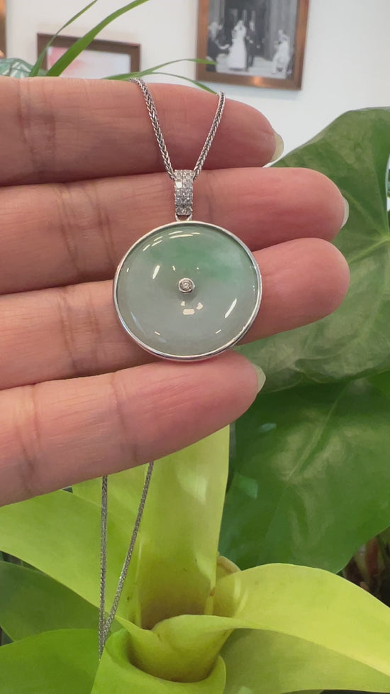 Load and play video in Gallery viewer, 14K White Gold &amp;quot;Good Luck Button&amp;quot; Necklace Ice Green Jadeite Jade Lucky KouKou Pendant Necklace
