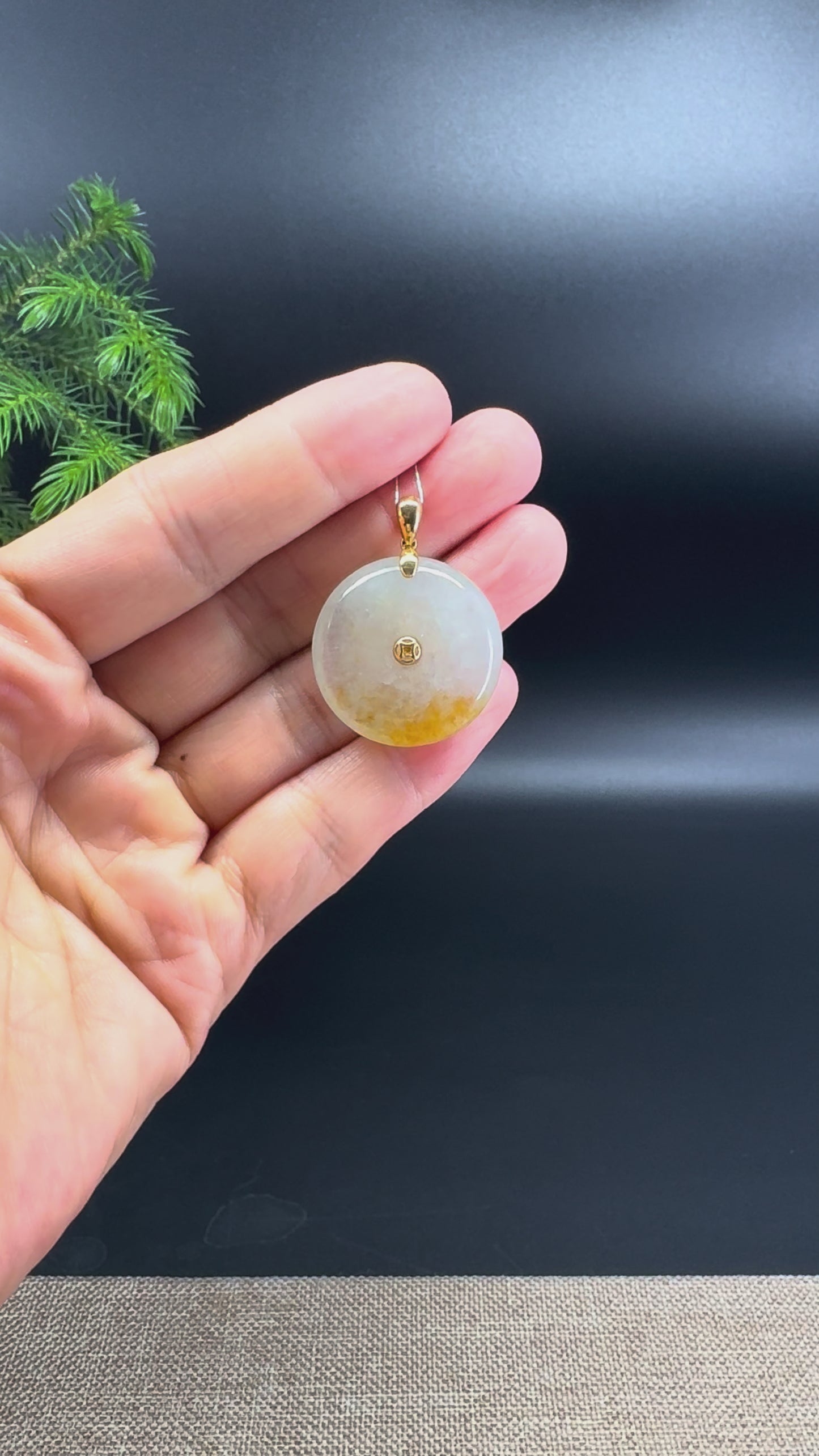 "Good Luck Button" Icy Yellow Jadeite Jade Lucky KouKou Pendant With 18K Yellow Gold Bail