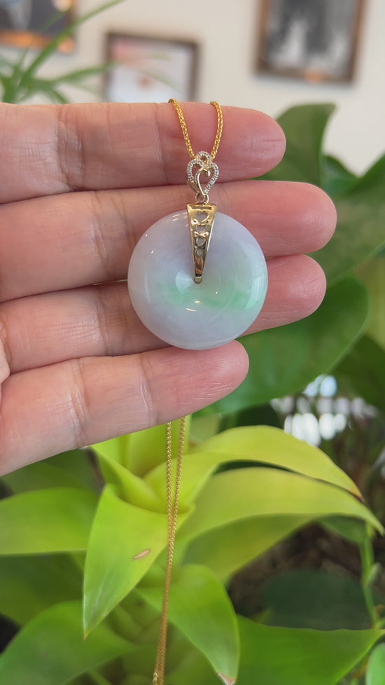 Load and play video in Gallery viewer, &amp;quot;Good Luck Button&amp;quot; Lavender Jadeite Jade Lucky KouKou Pendant With 14K Yellow Gold Diamond Bail

