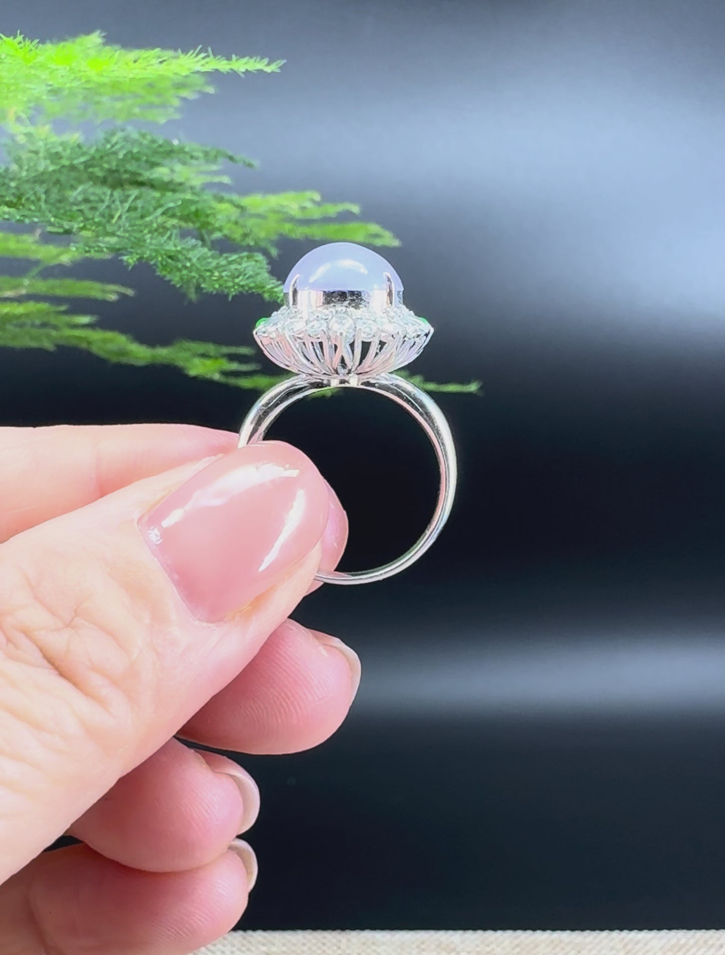 18k White Gold Natural Rich Lavender Jadeite Jade Engagement Ring With Diamonds
