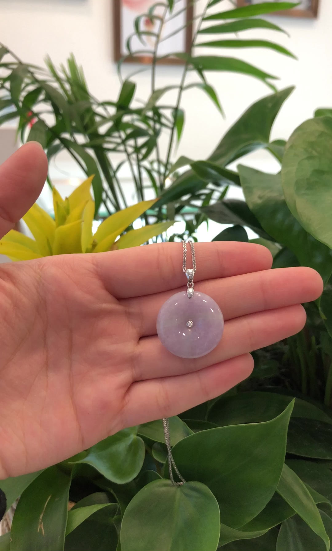 Load and play video in Gallery viewer, Lavender &amp;amp; Green Jadeite Jade Lucky KouKou &amp;quot; Ping An Kou &amp;quot; Pendant With 14K White Gold Bail &amp;amp; Diamond In Center.
