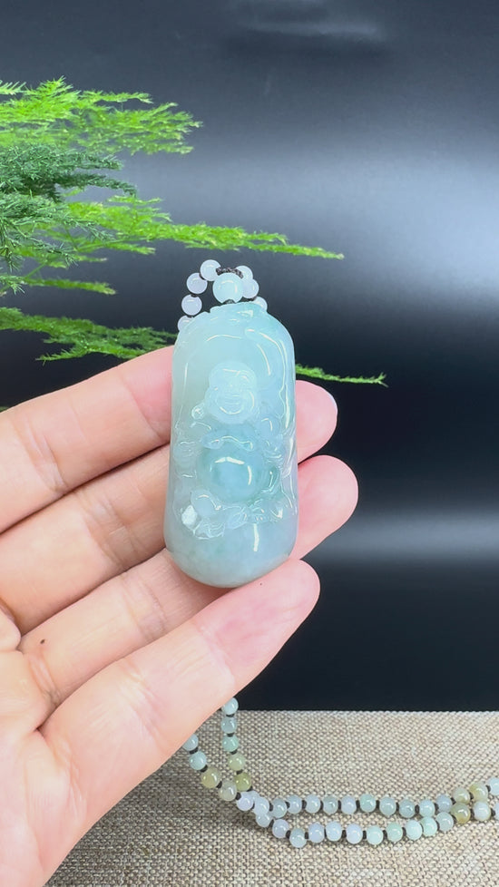 Load and play video in Gallery viewer, RealJade® Co. Genuine Burmese Jadeite Jade Blue Happy Buddha Pendant Necklace
