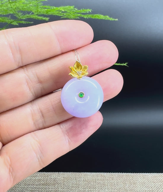 Load and play video in Gallery viewer, &amp;quot;Good Luck Button&amp;quot;Lavender Jadeite Jade Lucky KouKou Pendant With 18K Yellow Gold Bail
