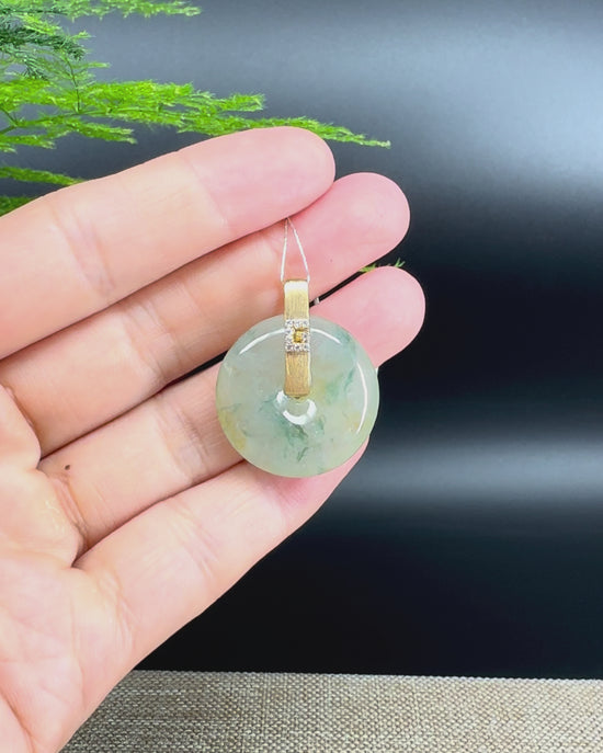 Load and play video in Gallery viewer, &amp;quot;Good Luck Button&amp;quot; Icy Yellow Green Jadeite Jade Lucky KouKou Pendant With 18K Yellow Gold Bail
