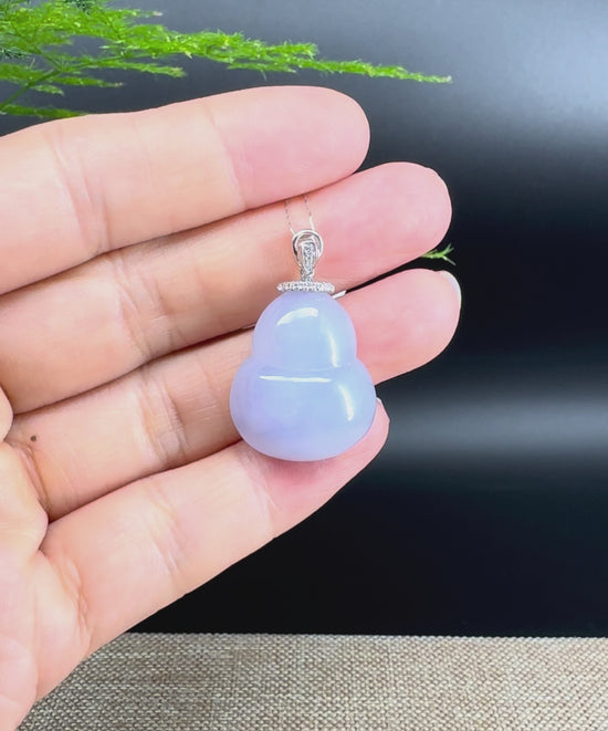 Load and play video in Gallery viewer, RealJade® Co. Genuine Lavender Jadeite Jade Good Luck Hulu Bottle Gourd Necklace With 18K White Gold Bail
