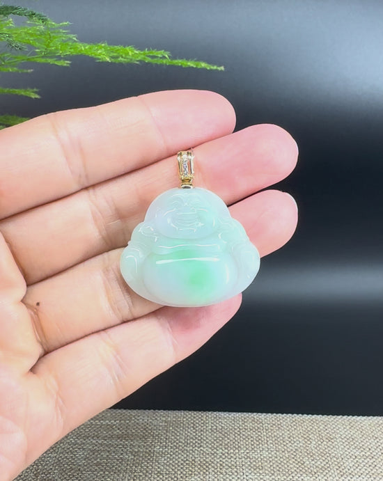 Load and play video in Gallery viewer, 18K Yellow Gold Burmese Green Jadeite Jade Happy Buddha Pendant
