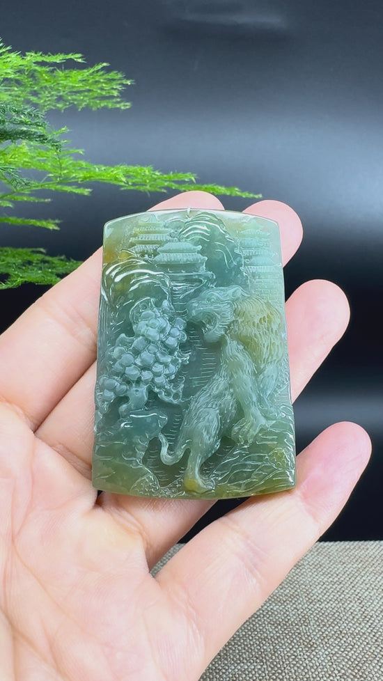 Load and play video in Gallery viewer, RealJade® Co. High Natural Guatemalan Blue Jadeite Jade Tiger Pendant
