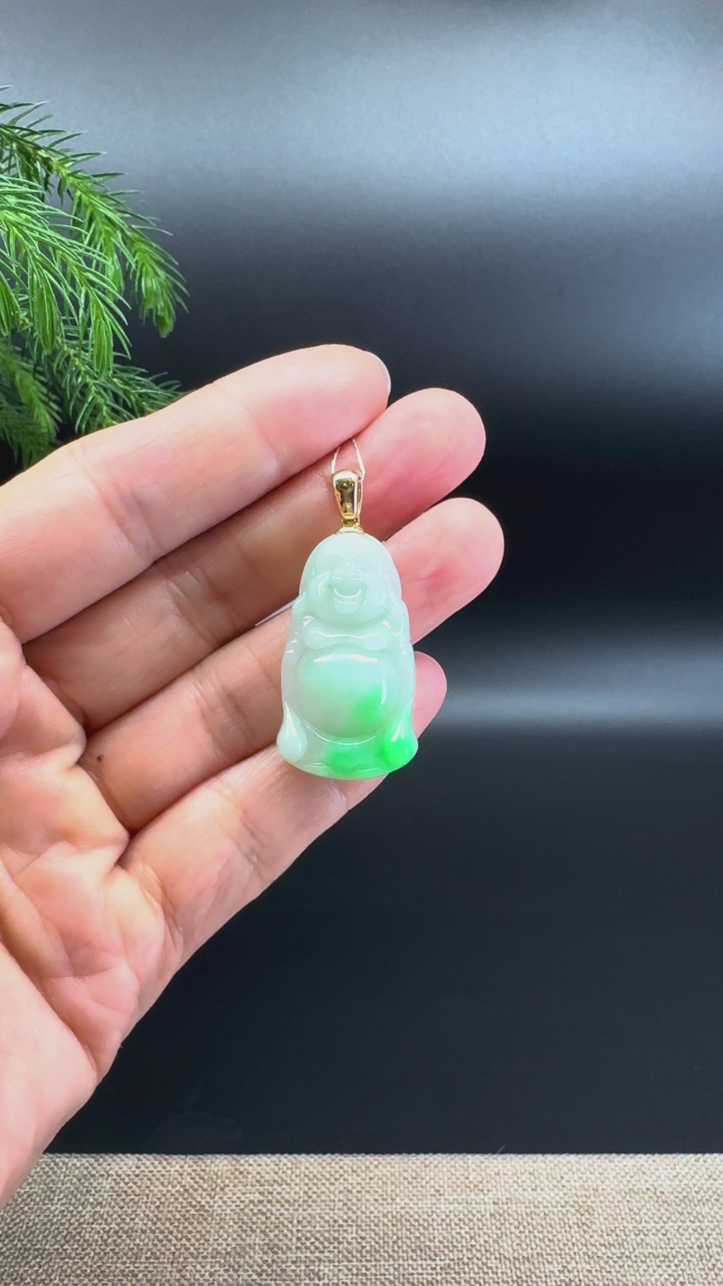 14K Yellow Gold Burmese White Green(BDQ) Jadeite Jade Happy Buddha Pendant