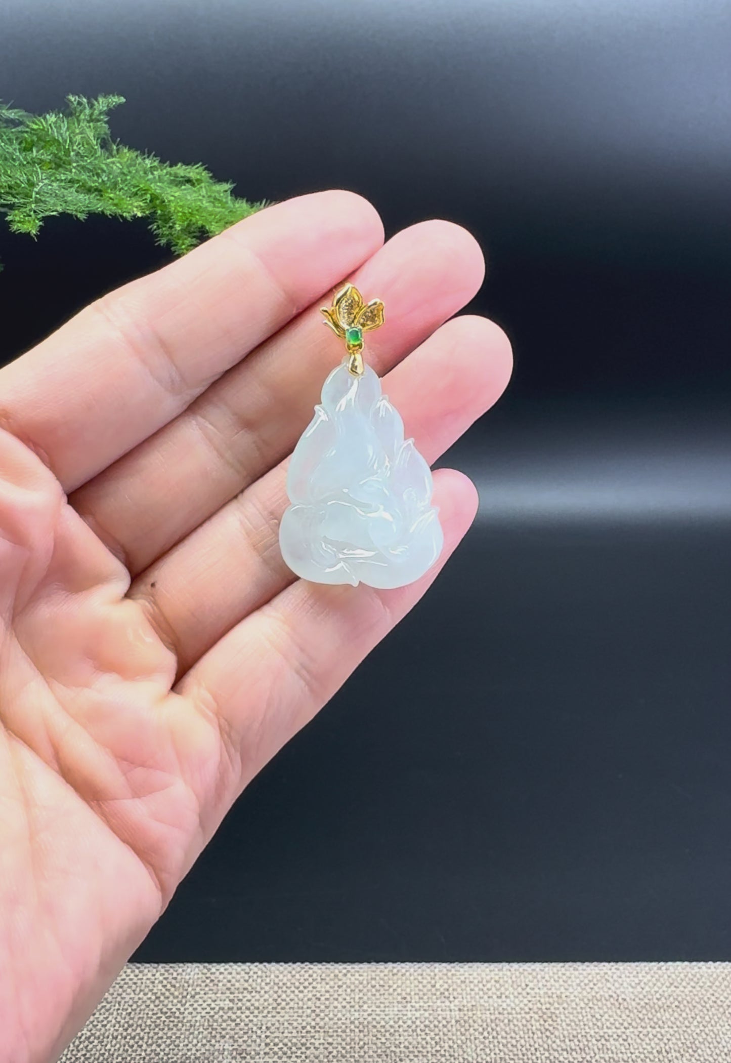 Genuine Icy Green Jadeite Jade Nine-Tailed Fox Necklace With 18K Yellow Gold Diamonds Bail