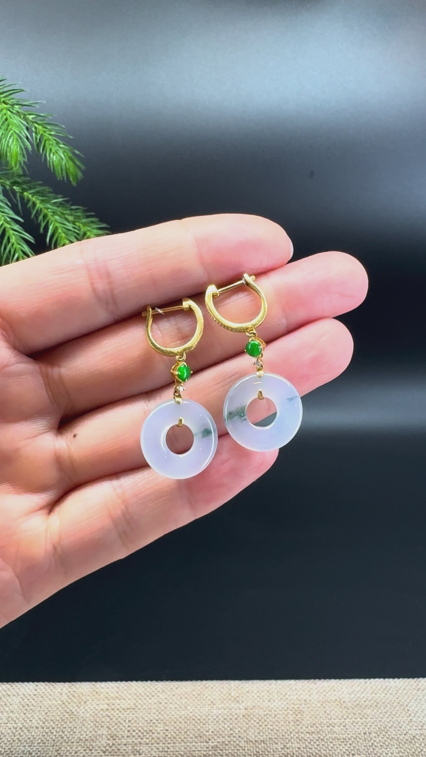 18k Yellow Gold Genuine Icy Lavender Green  KouKou Jadeite Jade Earrings With Diamonds