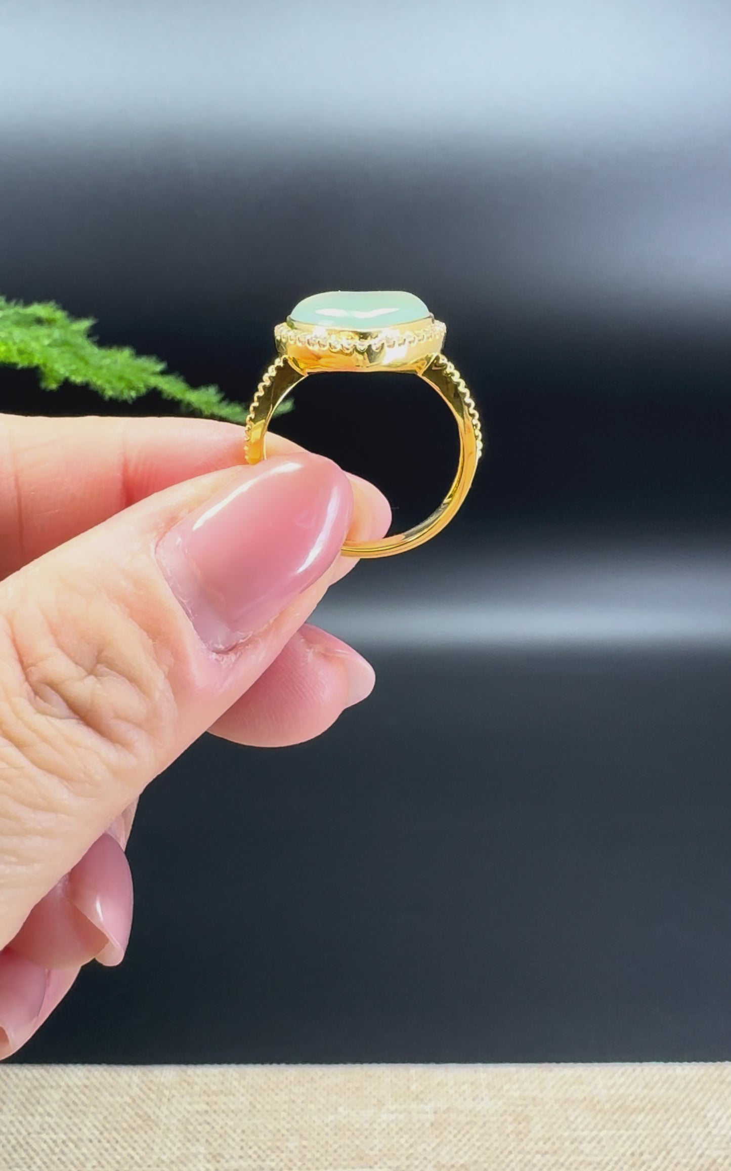RealJade® 18K Yellow Gold Icy Soft Green Jadeite Jade Heart Ring With Diamonds
