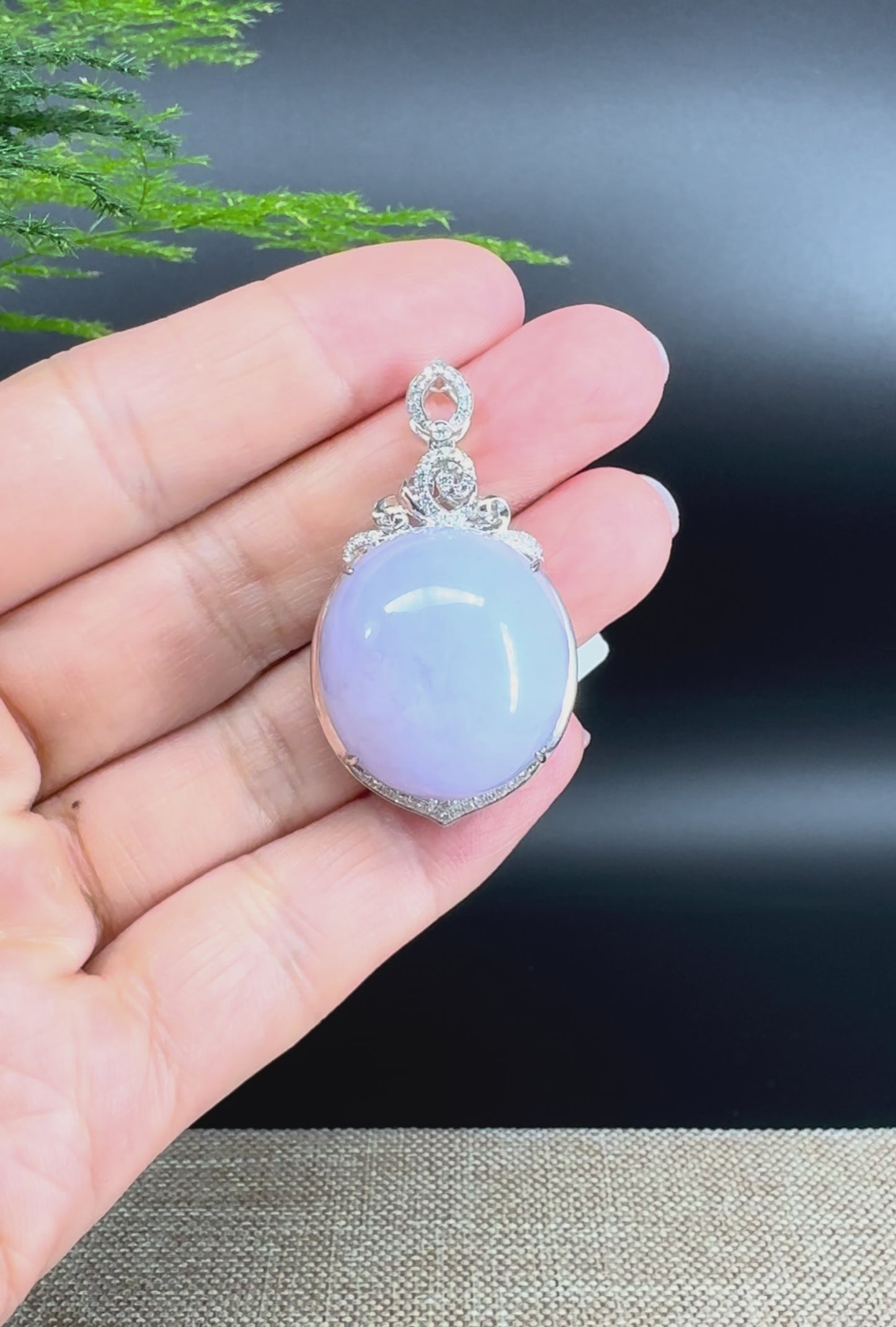 Load and play video in Gallery viewer, RealJade® Co. Luxury Genuine Lavender Jadeite Jade Cabochon  Necklace With 18K White Gold Diamond Bail
