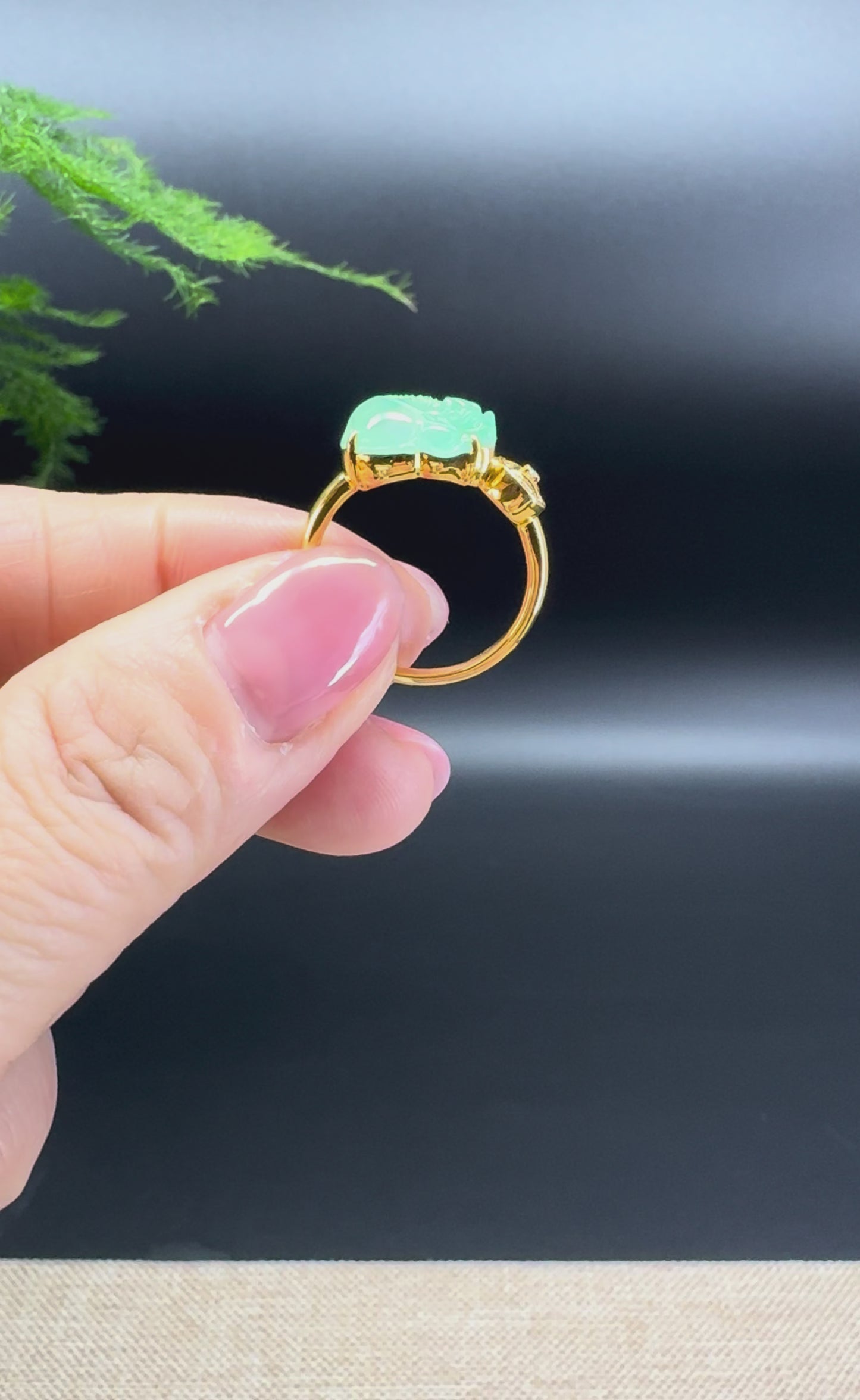 RealJade® 18K Yellow Gold Icy Green Jadeite Jade Diamonds PiXiu Ring