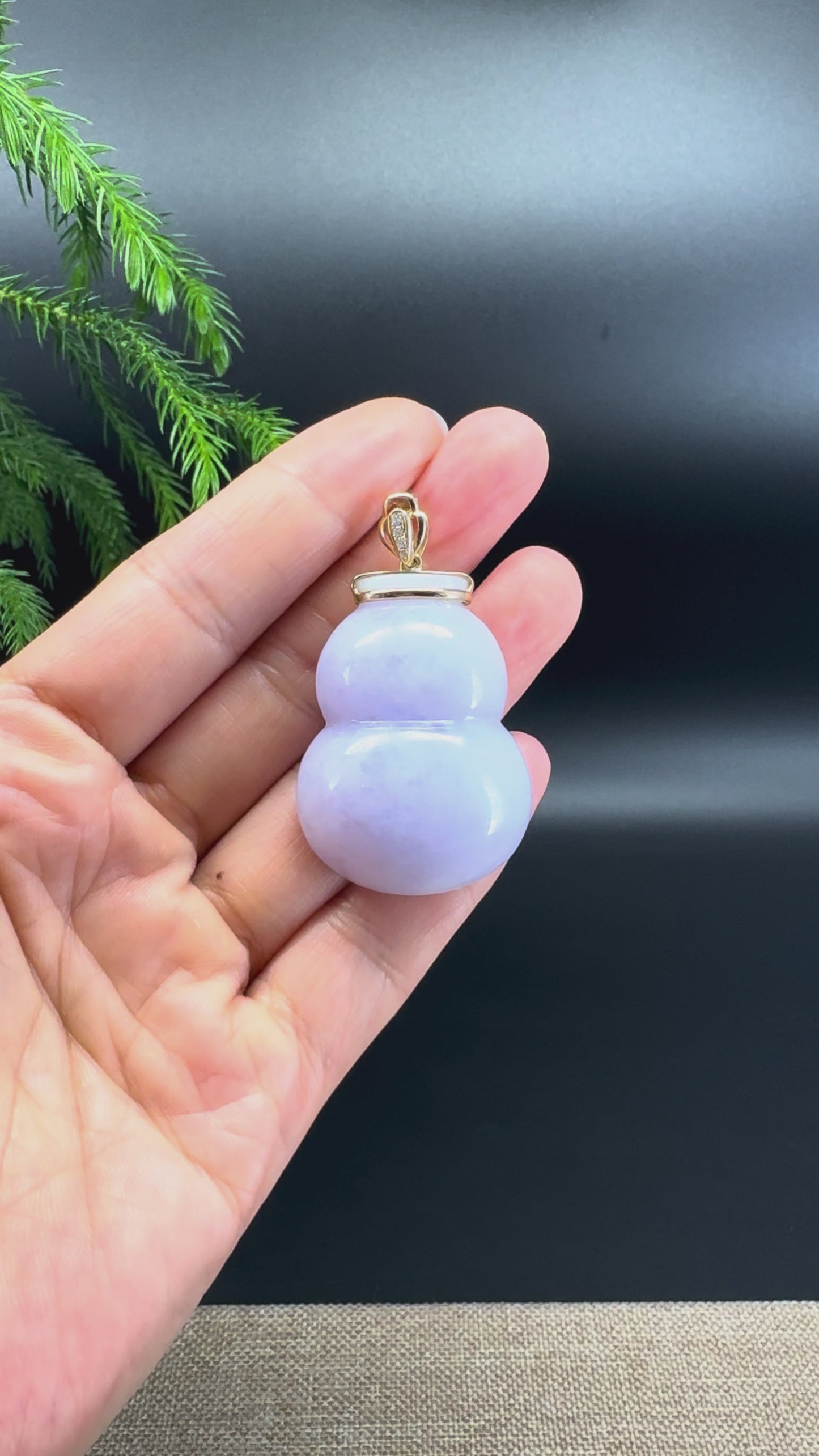 Genuine Lavender Jadeite Jade Hulu Necklace With 14K Yellow Gold Diamonds Bail