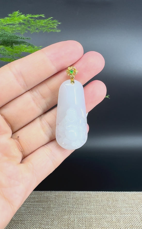 Load and play video in Gallery viewer, 18K Yellow Gold Burmese White Jadeite Jade Happy Buddha Pendant
