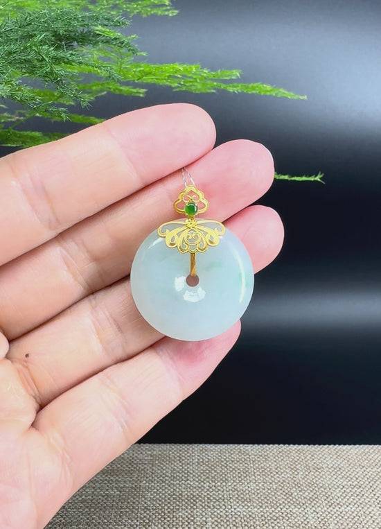 Load and play video in Gallery viewer, &amp;quot;Good Luck Button&amp;quot; Green Jadeite Jade Lucky KouKou Pendant With 18K Yellow Gold
