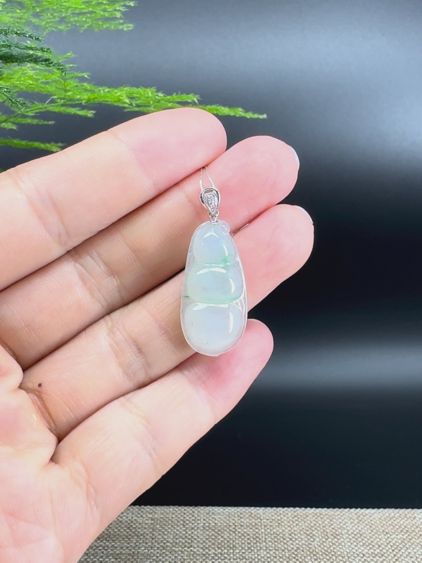 RealJade® Co. Genuine Icy Green  Jadeite Jade Bean Necklace With 18K White Gold Bail