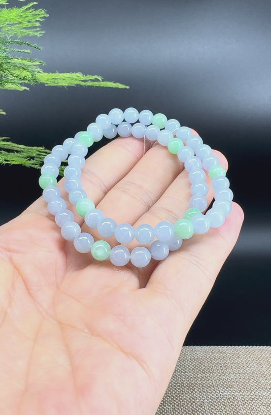 Load and play video in Gallery viewer, Natural Jadeite Jade Round Lavender Green Beads Bracelet ( 6 mm )
