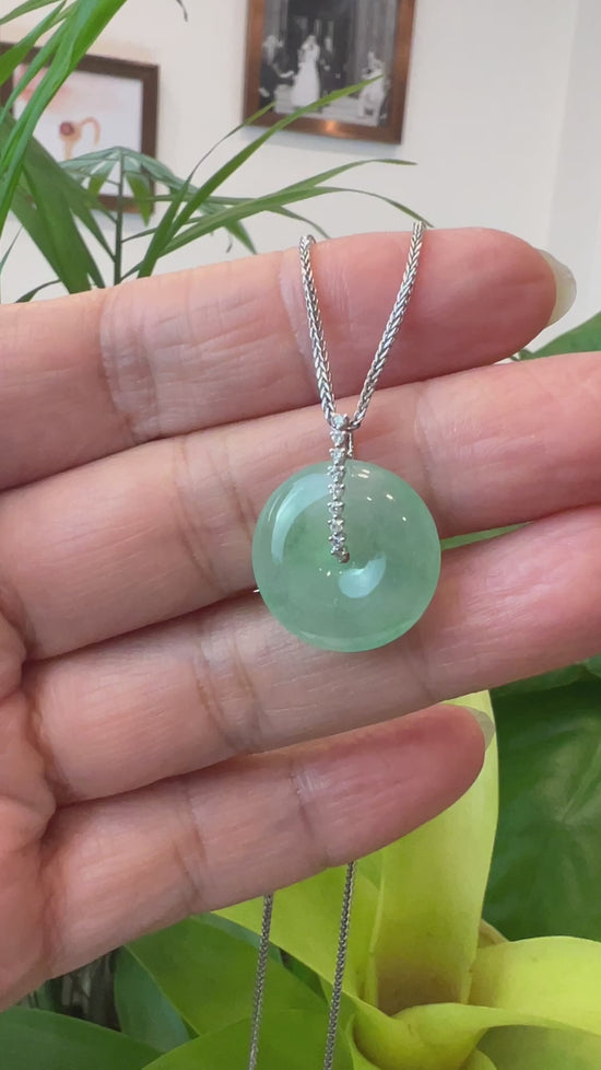 Load and play video in Gallery viewer, 18K White Gold &amp;quot;Good Luck Button&amp;quot; Necklace Ice Green Jadeite Jade Pendant Necklace

