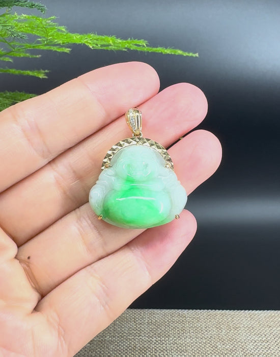 Load and play video in Gallery viewer, 18K Yellow Gold Burmese Green Jadeite Jade Happy Buddha Pendant

