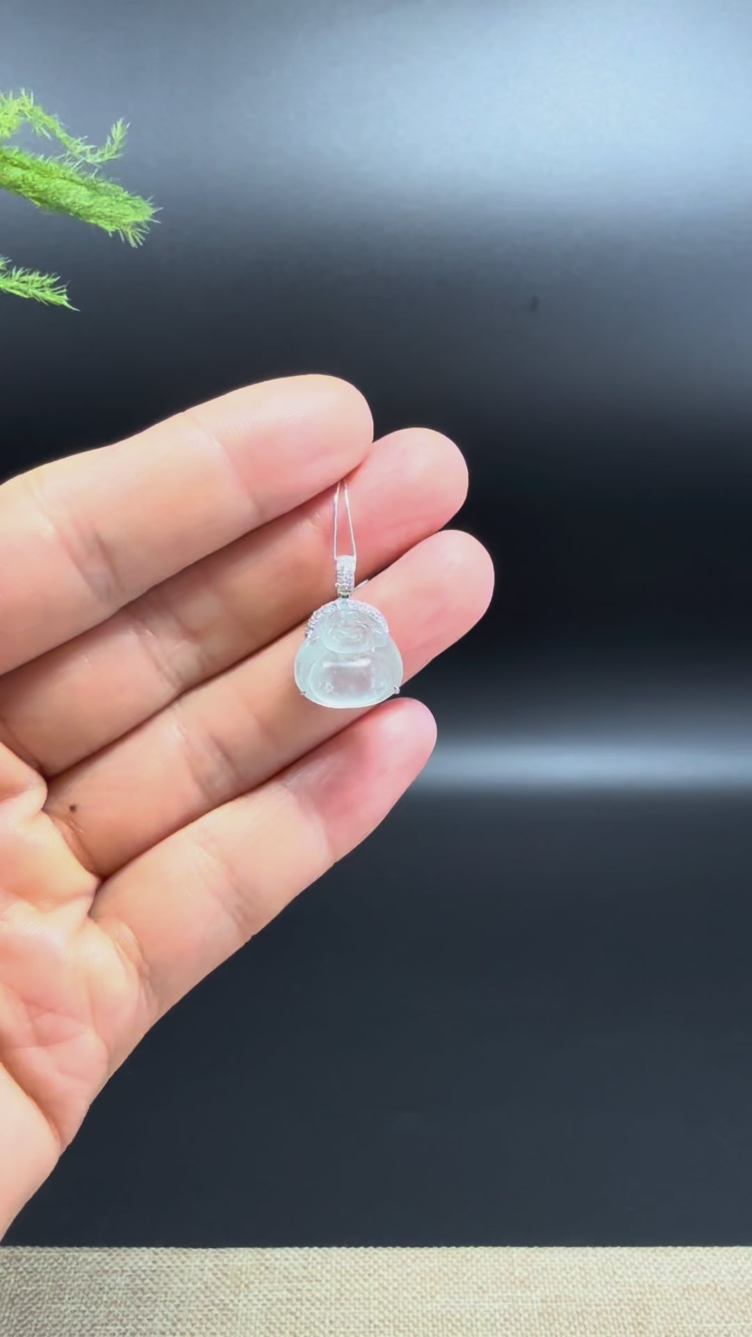 Load and play video in Gallery viewer, 18K White Gold Burmese Icy Jadeite Jade Mini Buddha Pendant With Diamonds
