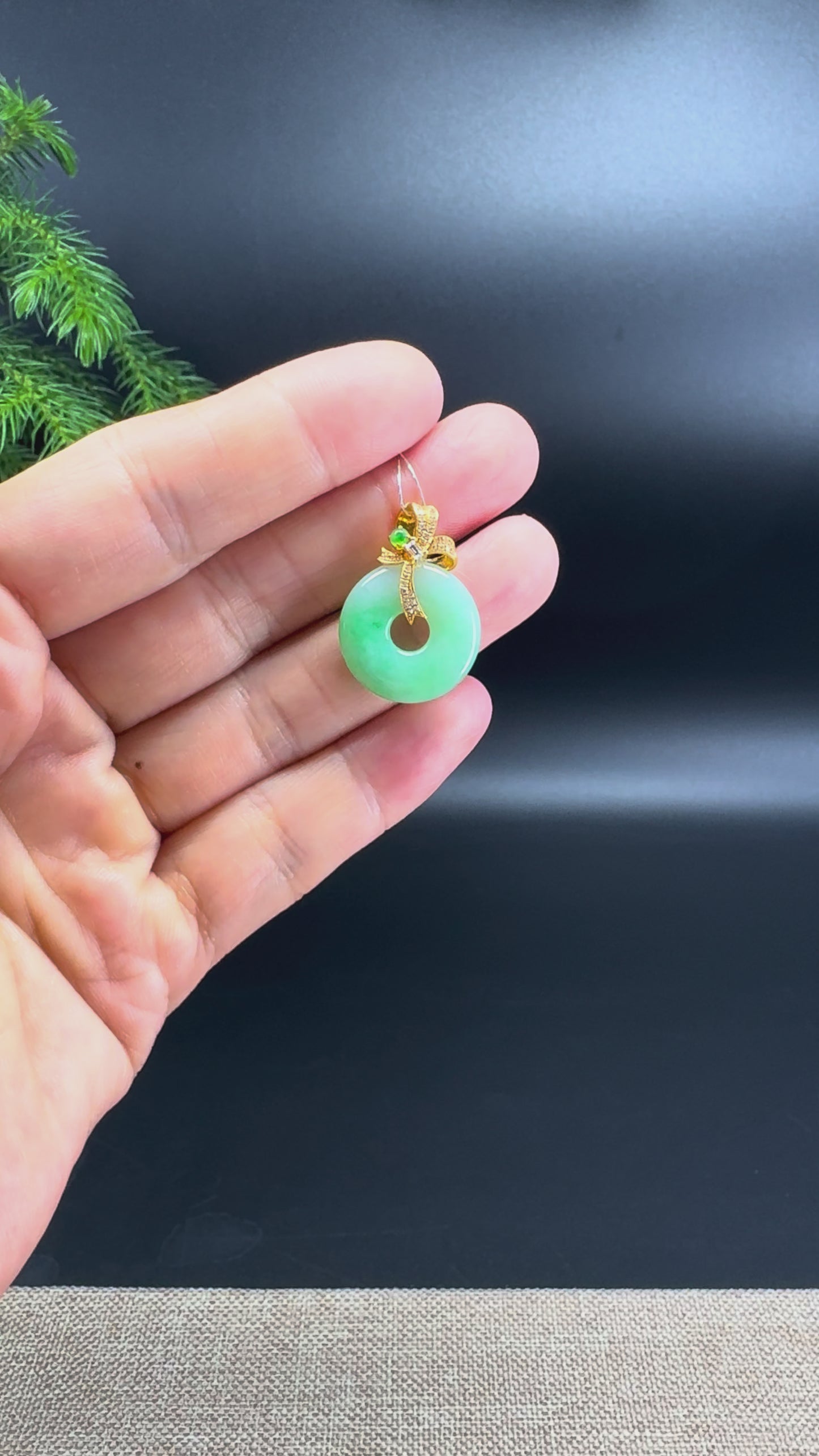 "Good Luck Button"Apple Green Jadeite Jade Lucky KouKou Pendant With 18K Yellow Gold Bail