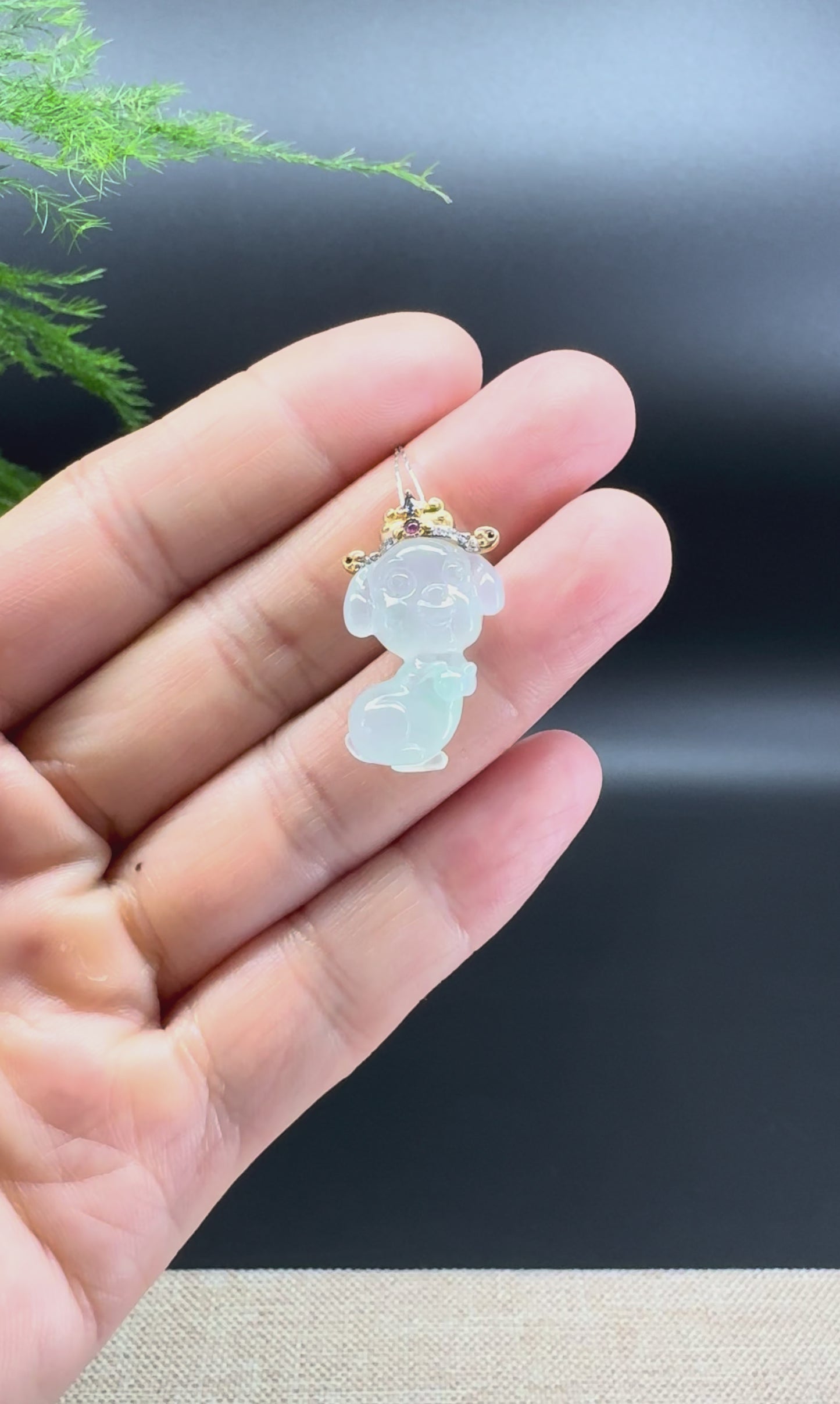 Load and play video in Gallery viewer, &amp;quot;Good Luck Button&amp;quot; Ice Jadeite Jade Puppy Dog Pendant With 18K Yellow Gold  Diamond Bail
