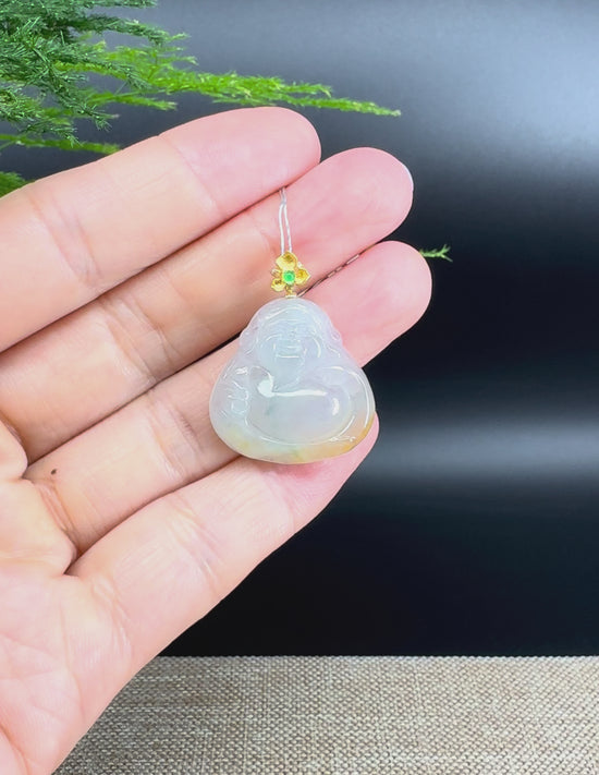 Load and play video in Gallery viewer, High-end 18K Yellow Gold Burmese Icy Yellow Jadeite Jade Money Saint Pendant with Diamond
