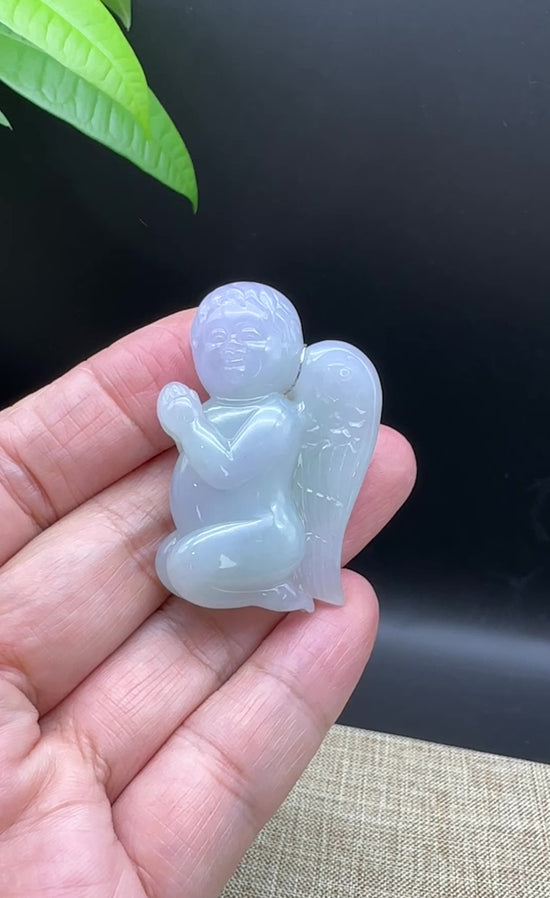 Load and play video in Gallery viewer, RealJade® Co. Genuine Lavender Jadeite Jade &amp;quot;Kneeling Angel&amp;quot; Pendant Necklace For Men, Collectibles.
