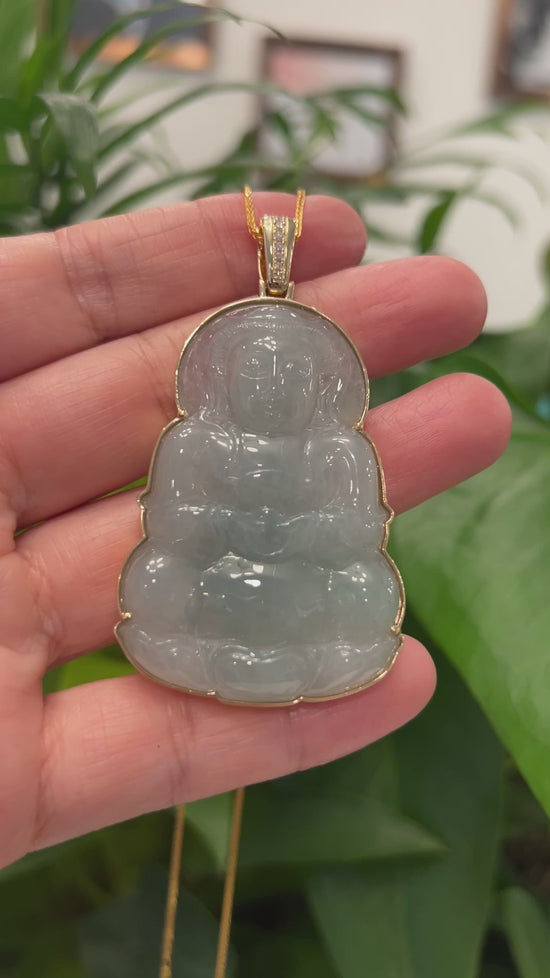 Load and play video in Gallery viewer, &amp;quot;Goddess of Compassion&amp;quot; 14k Yellow Gold Genuine Burmese Jadeite Jade Guanyin Necklace With Good Luck Design

