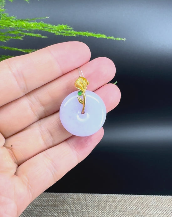 Load and play video in Gallery viewer, &amp;quot;Good Luck Button&amp;quot; Lavender Jadeite Jade Lucky KouKou Pendant With 18K Yellow Gold  Bail
