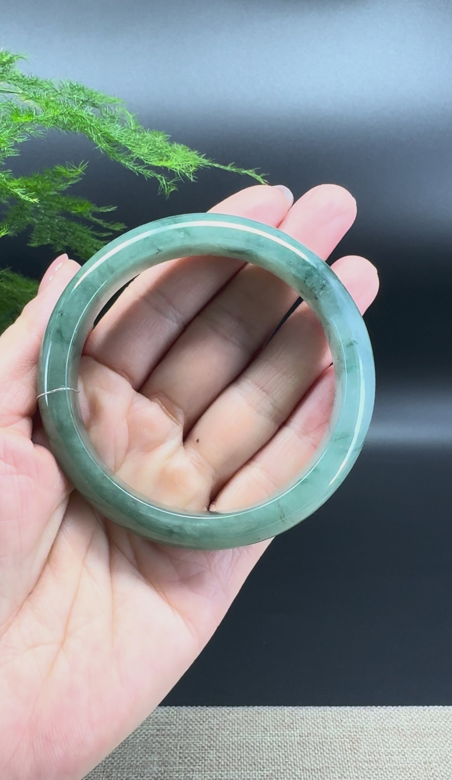 Load and play video in Gallery viewer, Genuine Burmese Oil Green Jade Jadeite Bangle Bracelet ( 59.8mm )

