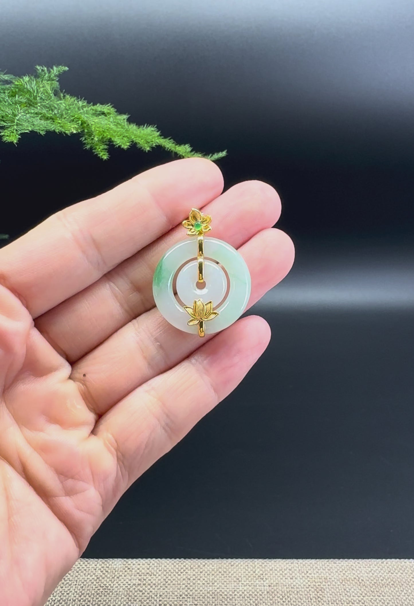 Load and play video in Gallery viewer, &amp;quot;Good Luck Button&amp;quot;Icy Green Jadeite Jade Lucky KouKou Pendant With 18K Yellow Gold Bail

