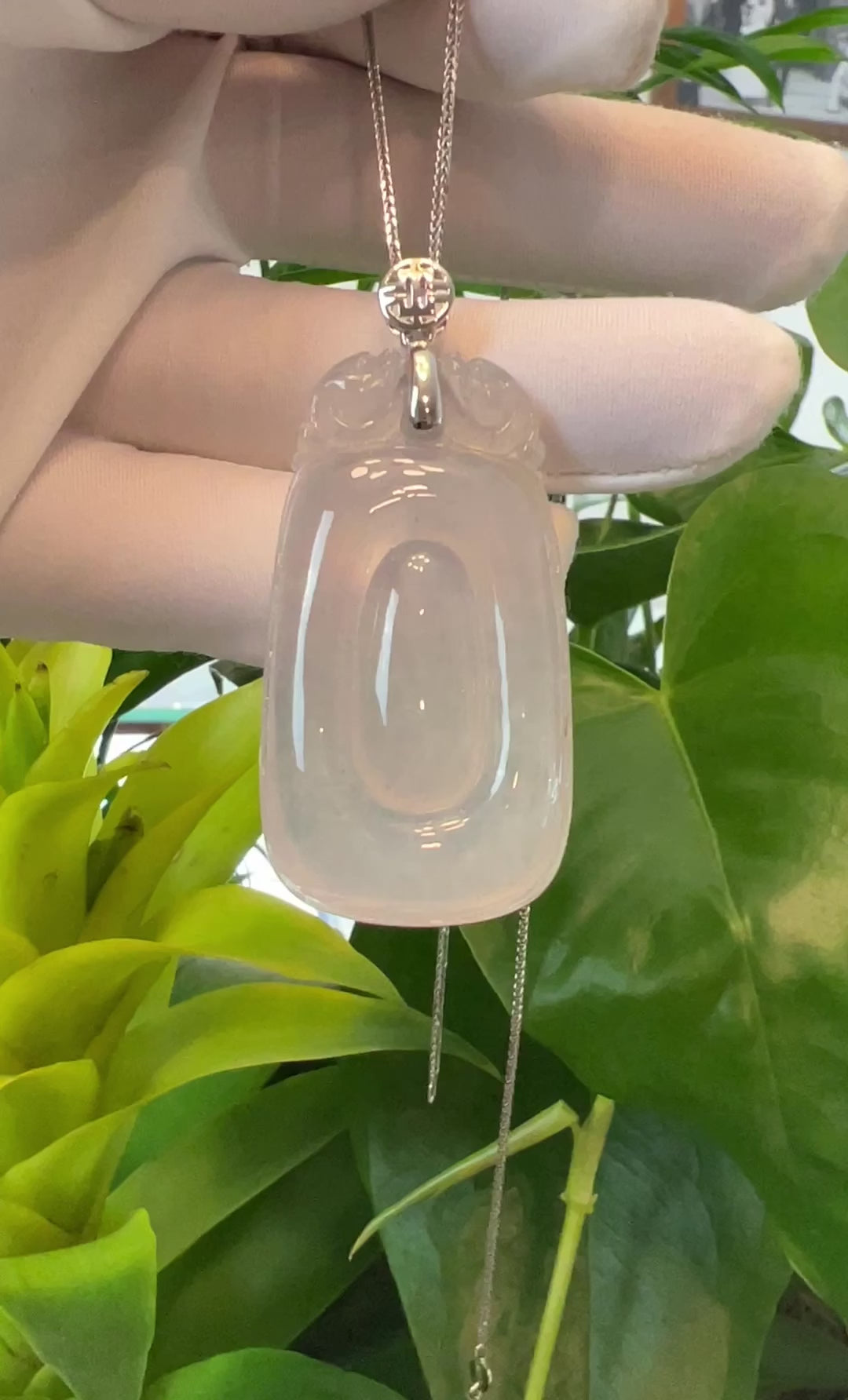 Load and play video in Gallery viewer, RealJade® Genuine Ice White Jadeite Jade &amp;quot;Happiness in front of your eyes&amp;quot; Fu Zai Yan Qian Pendant Necklace With 14K White Gold Bail
