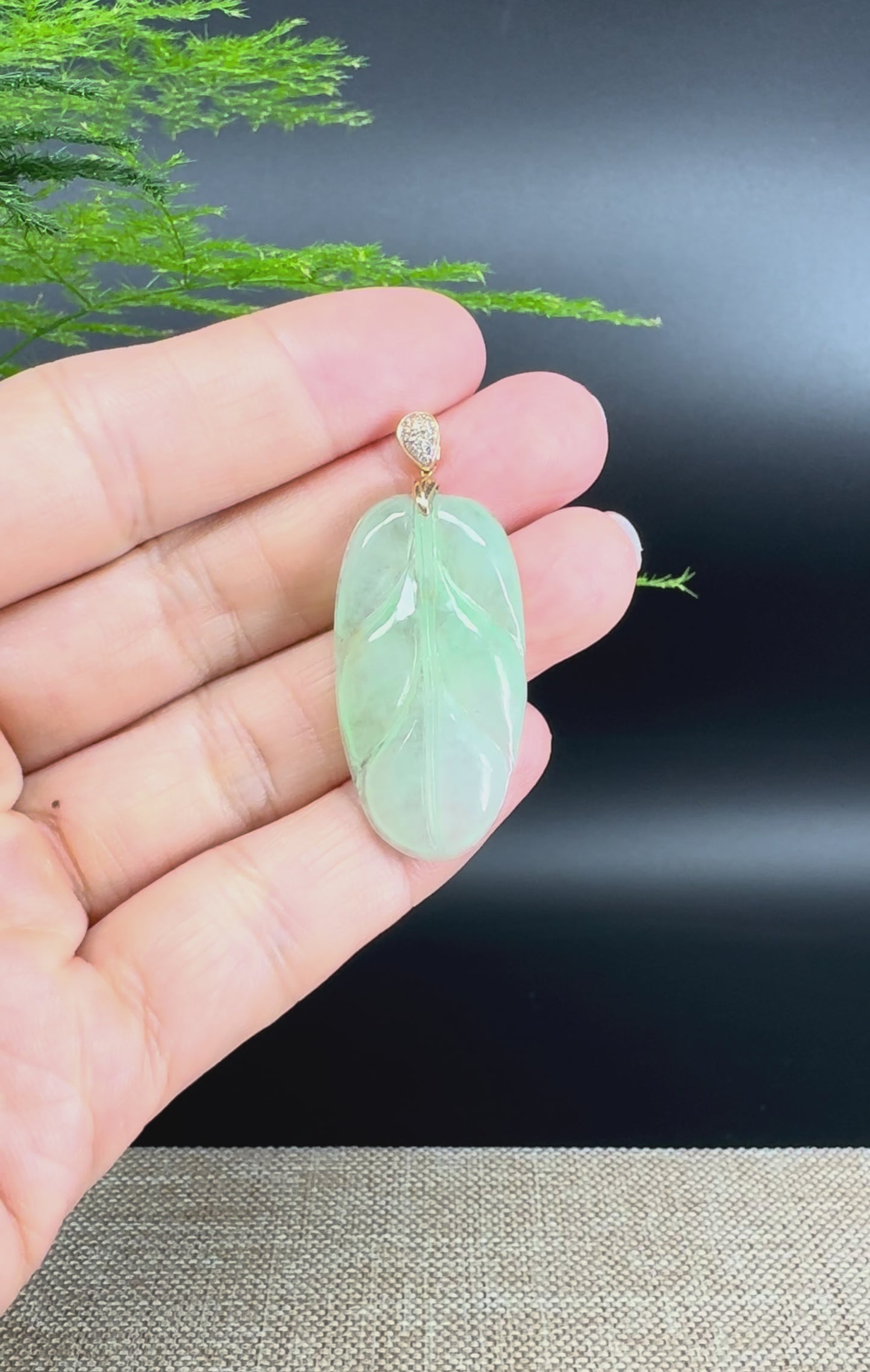 Load and play video in Gallery viewer, RealJade® Co. Genuine Ice Green Jadeite Jade Jin Zhi Yu Ye (Leaf) Necklace With 18K Rose Gold Bail
