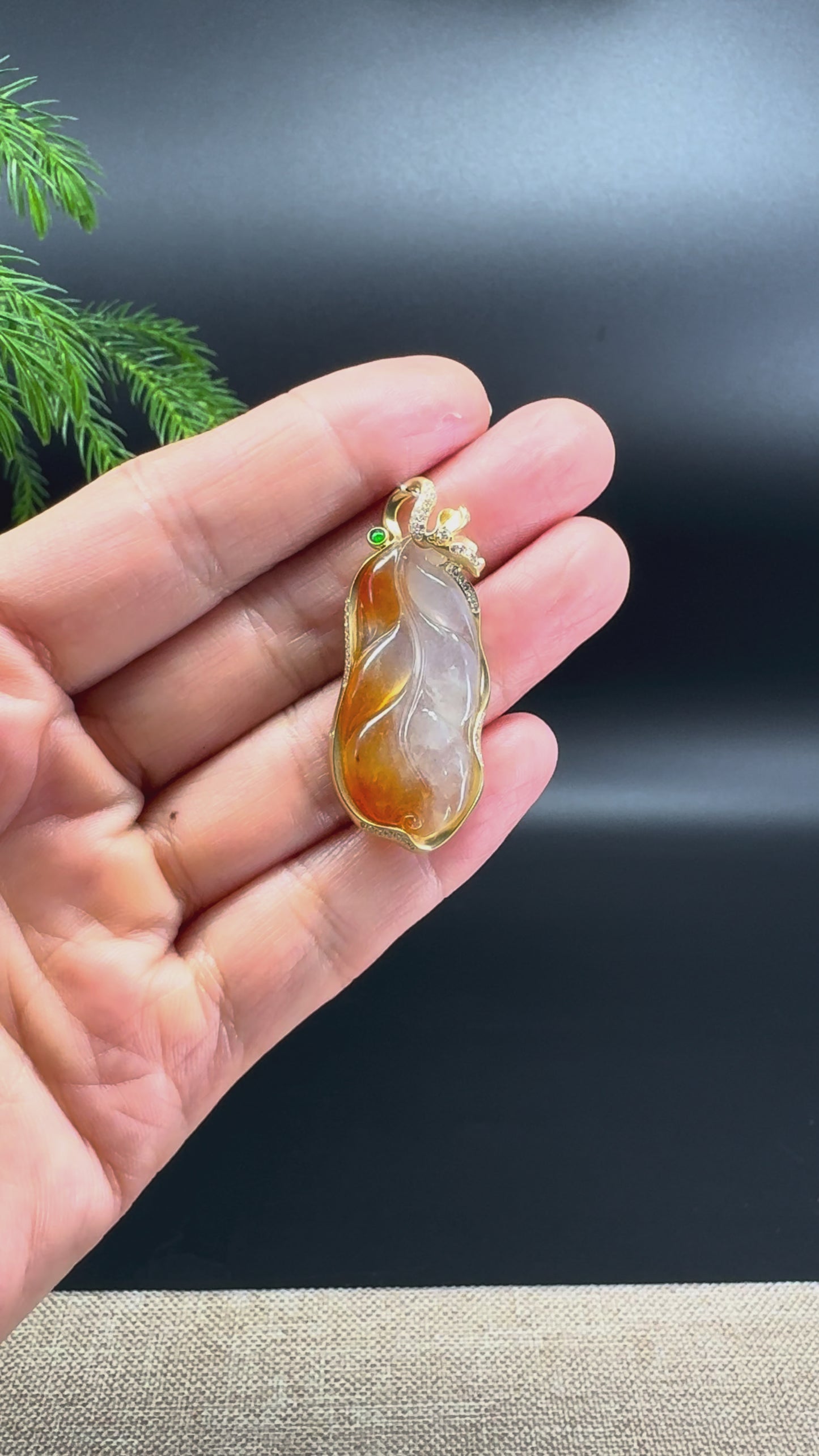Genuine Icy Red Jadeite Jade Jin Zhi Yu Ye (Leaf) Necklace With 18K Yellow Gold & Diamonds