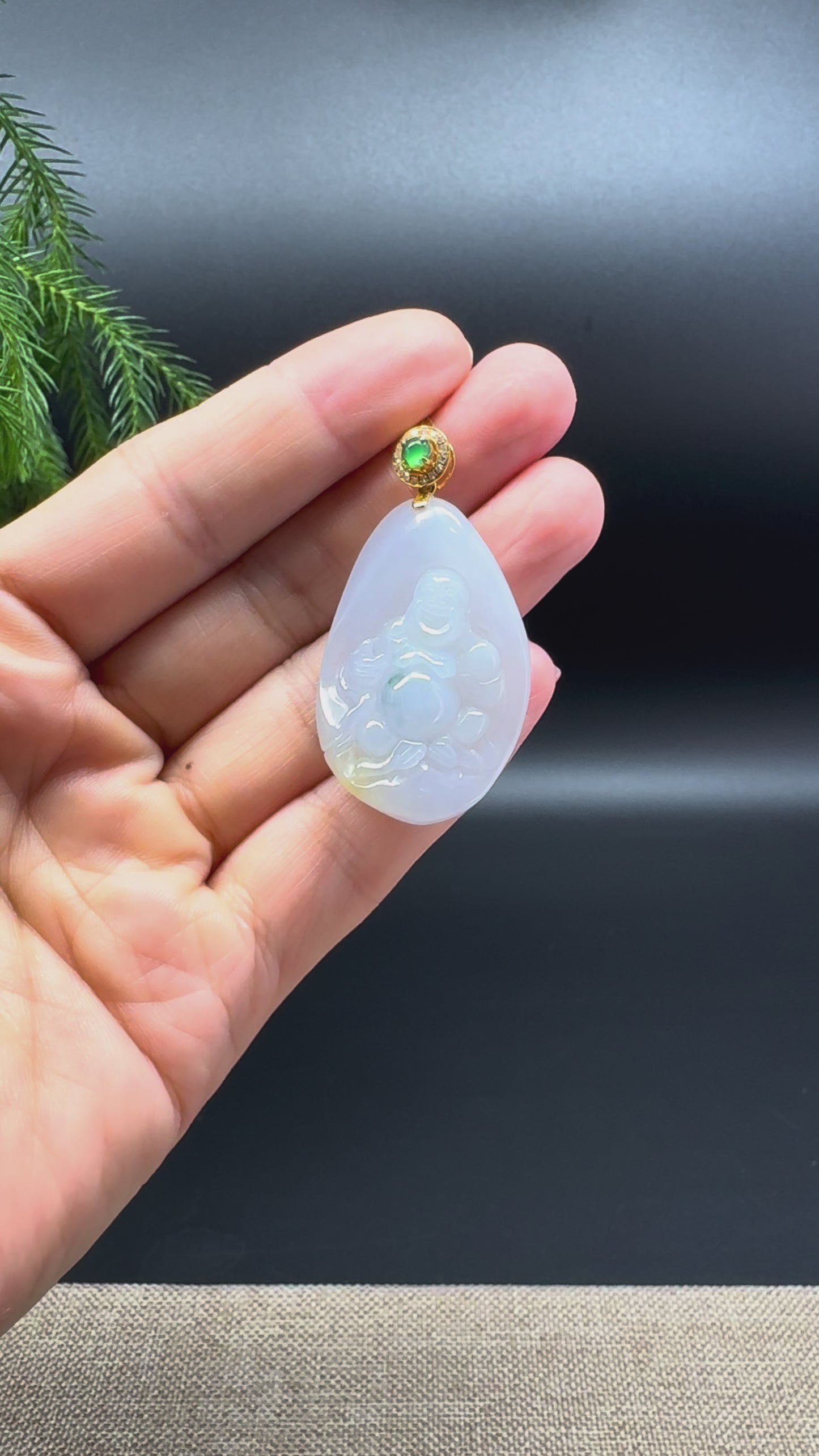 18K Yellow Gold Burmese Moonlight & Yellow Jadeite Jade Happy Buddha Pendant With Diamonds